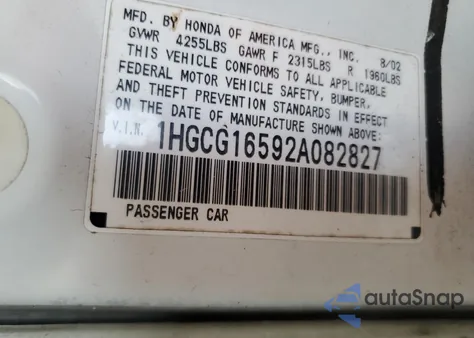 2002 Honda Accord Ex z USA, uszkodzony, nr VIN 1HGCG16592A082827